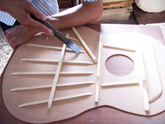 Shaping Guitar Top Fan Braces. Various types of fan and lattice bracing systems are used on Goyette guitars.